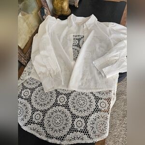 Crisp White Cotton & Crochet Back Shirt Button Front Sz. Large